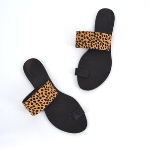 Raye Leopard Slides Sandals Flats Toe Ring Calf Hair Tan and Black Women's 37.5